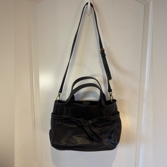 Fossil Handbags - Fossil Black Leather Satchel Crossbody Bag – Top Handles, Belt Tie